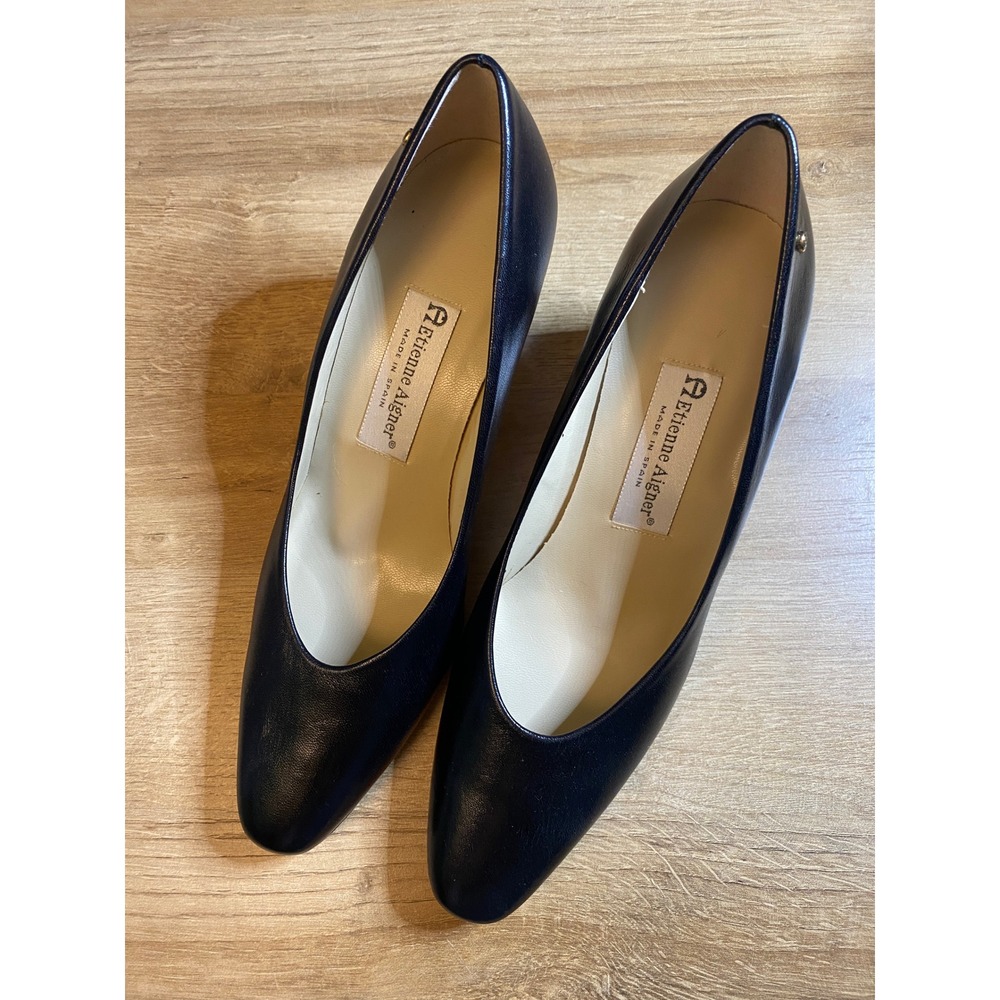 NEW Etienne Aigner Taylor Black Leather Block Heel Pumps Made in Spain Womens 9M